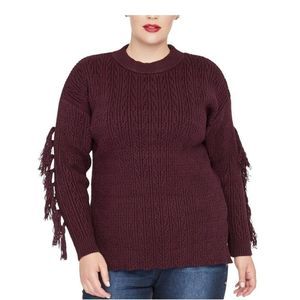 Rachel Rachel Roy Women's Tassel Trim Crew Neck Sweater Burgundy 2X